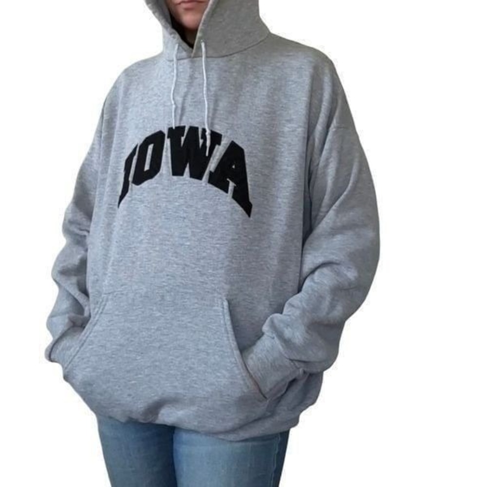 Iowa Hoodie Grey Vintage Style Lee Heavyweight with Embroidered Letters